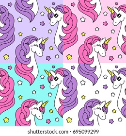 Cute set of childish seamless patterns with cartoon character of magic unicorn