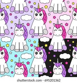 Cute set of childish seamless patterns with cartoon character of magic unicorn