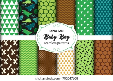 Cute set of childish seamless patterns with dinosaurs ideal for fabrics, wallpaper and different surfaces