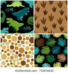 Cute set of childish seamless patterns with dinosaurs ideal for fabrics, wallpaper and different surfaces