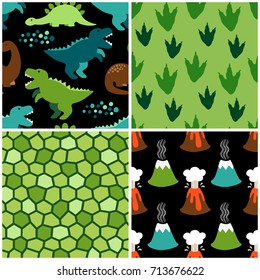 Cute set of childish seamless patterns with dinosaurs ideal for fabrics, wallpaper and different surfaces