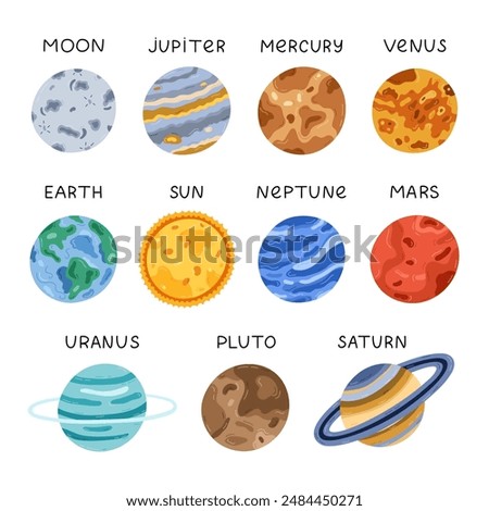 Cute set with childish stars and planets of Solar System. Hand drawn doodle with astronomy celestial bodies for kids learning, school infographic, outer space, universe placard. Sun, Moon, Earth, etc.