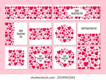 Cute set of childish Valentines Day backgrounds with funny kawaii cartoon hearts