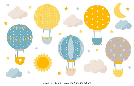 Conjunto bonito para decoração e design infantil com balões quentes de ar, nuvens, estrelas e sol