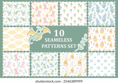 A cute set of children's seamless dinosaur patterns, ideal for fabrics, wallpapers and various surfaces. Vector seamless patterns with dinos and additional themed elements, on a white background.