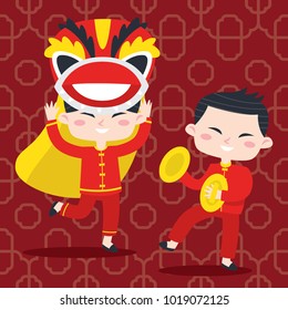 Cute set of chinese kid playing. Chinese greeting card design