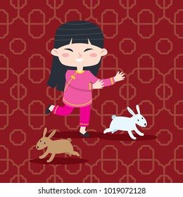 Cute set of chinese kid playing. Chinese greeting card design