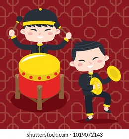 Cute set of chinese kid playing. Chinese greeting card design