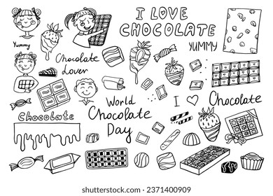  Cute set of chocolate and happy kids in doodle style. Chocolate covered strawberries, chocolate candies, piece of chocolate. Hand drawn. Great for banner, candy shop, wrapping paper. Vector