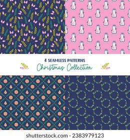 Cute set of Christmas backgrounds. Seamless patterns with Winter holidays symbols, penguins, wreathes, cookies. Naive art holiday prints. Digital paper. Vector illustrations.