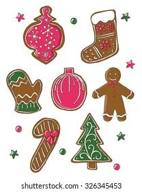 Cute set of Christmas cookies isolated on white. Vector illustration