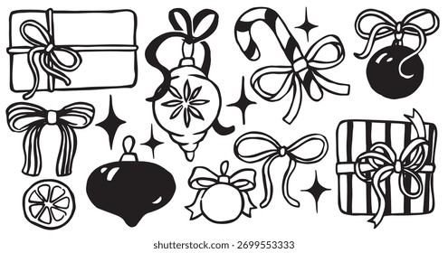 Lindo conjunto con Elementos de Navidades en estilo doodle. Ilustración vectorial: regalos, decoraciones, arcos
