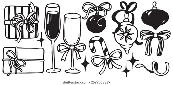 Lindo conjunto con Elementos de Navidades en estilo doodle. Ilustración vectorial: regalos, decoraciones, arcos
