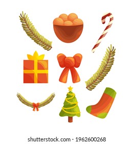 Cute set of Christmas elements. Isolated colorful objects in the white background. Flat style illustration.