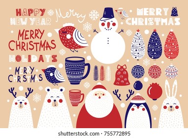 Cute set of Christmas elements for posters and postcards. Vector illustration
