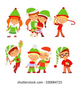 Cute set of Christmas elves from Santa team making Christmas gifts. Vector illustration isolated on white background