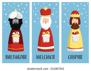 Cute set of Christmas greeting cards, gift tags with three magi. Biblical kings Caspar, Melchior and Balthazar. Flat design, vector illustration background.