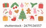 Cute set of Christmas hand drawn elements. Retro holiday Xmas graphic icons. Christmas tree, bow, gift, funny tree toys, candy, gingerbread, red socks.  Perfect for greeting card. Vector illustration.