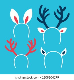 Cute set of christmas headband, part of winter holiday outfit. Decoration for costume. Reindeer horn and rabbit ear. Flat vector illustration