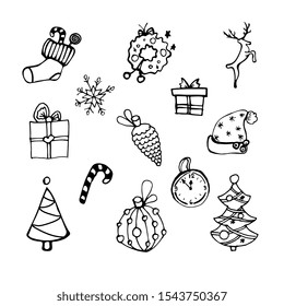 Cute set of Christmas and New Year design element in doodle style.For stickers postcards posters wrapping paper. Isolated vector on white.