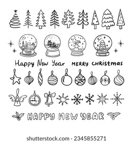 Cute set of Christmas and New Year decoration elements in doodle style. Christmas trees, balls, snow globe, snowflakes. Vector illustration for design, greeting cards, decoration, textile. Hand drawn