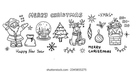 Cute set with Christmas and New Year elements in doodle style. Winter. Great for decoration interior, print posters, banner, greeting card, decoration, packaging. isolated on white background.