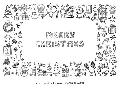 Cute set of Christmas and New Year elements with lettering. Good for design, greeting card, decoration, textile. Hand drawn. Vector illustration EPS10 in doodle style.  Isolated on white background