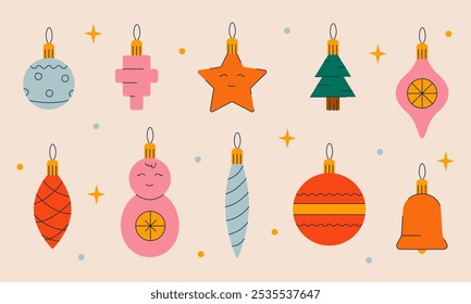 Cute set of Christmas ornaments. Colorful bright Christmas tree balls in pink, blue, and green colors. Vector illustration
