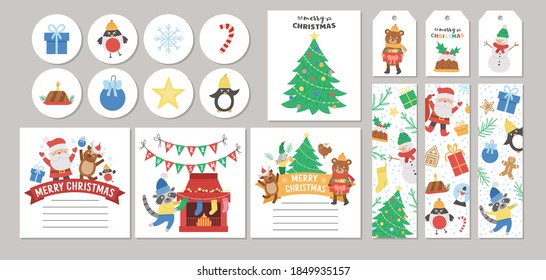 Cute set of Christmas sale cards with Santa Claus, fir tree, snowman, deer. Vector square, round, horizontal, vertical print templates. Winter holiday designs for tags, postcards, sale.  
