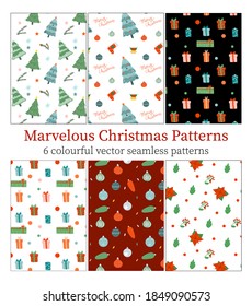 Un conjunto de patrones de Navidad impecables. Antecedentes de Año Nuevo, tarjetas de Navidad y patrones con flores rojas, hojas, árboles de Navidad, regalos y decoraciones. Ilustración vectorial en estilo de caricatura