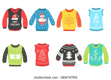 Cute set of Christmas sweater isolated on a white background. Ugly Christmas sweaters seamless vector border. Knitted winter jumpers with winter ornaments and decorations. Holiday design.