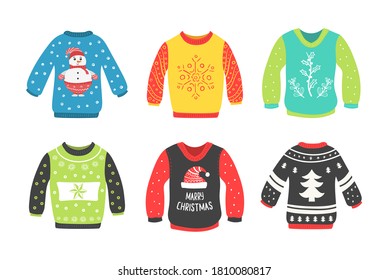 Cute set of Christmas sweater isolated on a white background. Ugly Christmas sweaters seamless vector border. Knitted winter jumpers with winter ornaments and decorations. Holiday design.