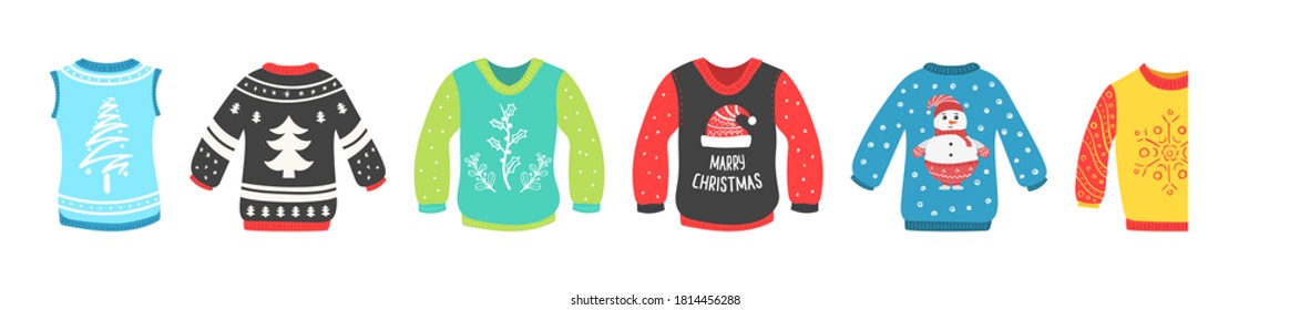 Cute set of Christmas sweater isolated on a white background. Ugly Christmas sweaters seamless vector border. Knitted winter jumpers with winter ornaments and decorations. Holiday design.