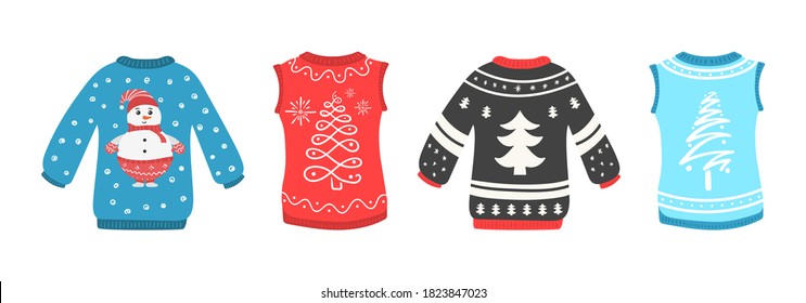 Cute set of Christmas sweater isolated on a white background. Ugly Christmas sweaters seamless vector border. Knitted winter jumpers with winter ornaments and decorations. Holiday design.