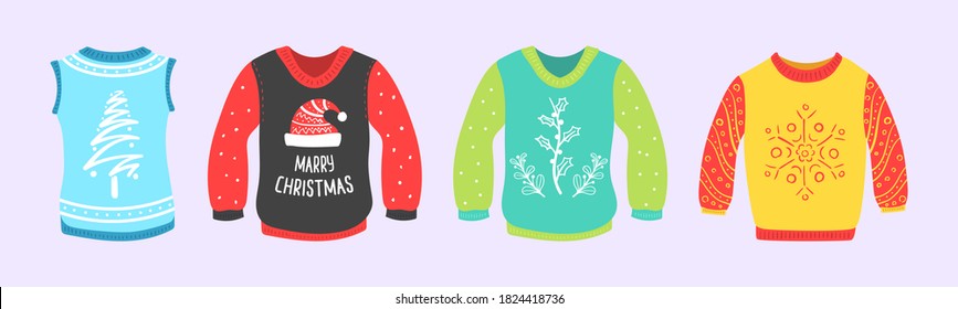 Cute set of Christmas sweater isolated on a white background. Ugly Christmas sweaters seamless vector border. Knitted winter jumpers with winter ornaments and decorations. Holiday design.