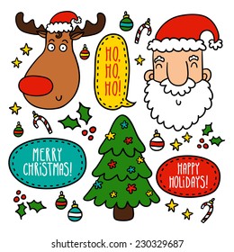 Cute set with Christmas symbols - reindeer, Santa, holiday tree, decorations, candies, holly and speech bubbles with greetings, isolated on white