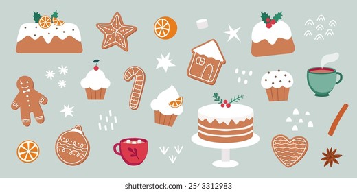 A cute set of Christmas treats, gingerbread man, gingerbread cookies, cupcakes, cake, Christmas pudding, a cup of cocoa with marshmallows. Flat style