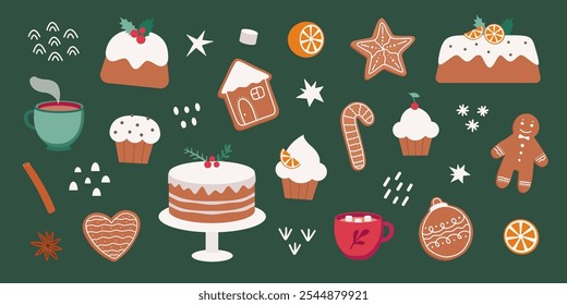 A cute set of Christmas treats, gingerbread man, gingerbread cookies, cupcakes, cake, Christmas pudding, a cup of cocoa with marshmallows. Flat style