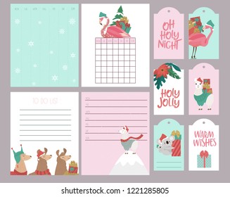 Cute set of Christmas weekly planner and schedule with alpaca, flamingo and koala bear. Editable vector illustration