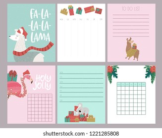 Cute set of Christmas weekly planner and schedule with alpaca, flamingo and koala bear. Editable vector illustration