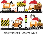 Cute set of christmas xmas construction site machines vehicles transportation excavator crane tractor dump trash truck road street doodle hand drawn kids crayon watercolor illustration sticker clipart