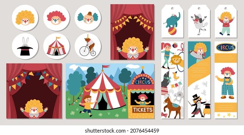 Cute set of circus cards with clown, artists, animals. Vector street show square, round, vertical print templates. Amusement park or birthday party design for tags, postcards, ads
