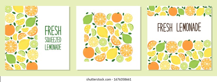 Cute set of Citrus Fruits Lemon, Lime and Orange backgrounds in vivid tasty colors ideal for Fresh Lemonade banners, package etc