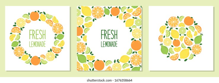 Cute set of Citrus Fruits Lemon, Lime and Orange backgrounds in vivid tasty colors ideal for Fresh Lemonade banners, package etc