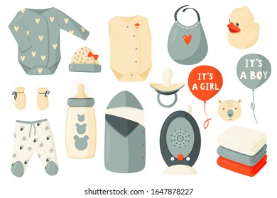 Ropa para recién nacidos, decoración para niños, ducha para bebés. Ilustración vectorial plana.