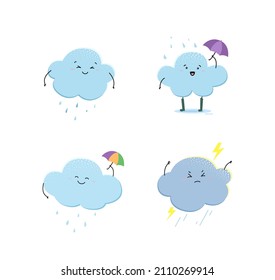 Cute set - cloud characters with umbrella in rain. Vector hand drawn illustration of happy blue clouds and falling water drops. Cartoon signs of rainy weather isolated on white background