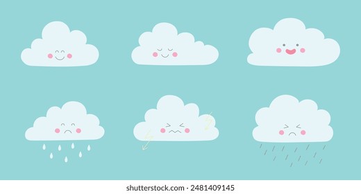 Lindo juego de nubes carácter. Símbolos de nubes, íconos de Clima, diseño de naturaleza. Iconos Ilustración vectorial para el diseño de la guardería, habitación de los niños, tarjeta de felicitación de la ducha del bebé.