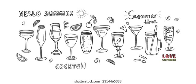 Cute set with cocktails collection, alcoholic and non-alcoholic summer drinks with ice cubes, fruits and text in doodle style. Great for bar menu design, packaging or advertising.  Vector illustration