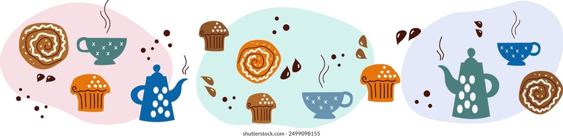 Cute set of cofee dnd pastries, doodle sketch hand drawn style, tea, tea pot, cupcake, bun; dessert, bakery.