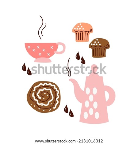Cute set of cofee dnd pastries, doodle sketch hand drawn style, tea, tea pot, cupcake, bun; dessert, bakery.